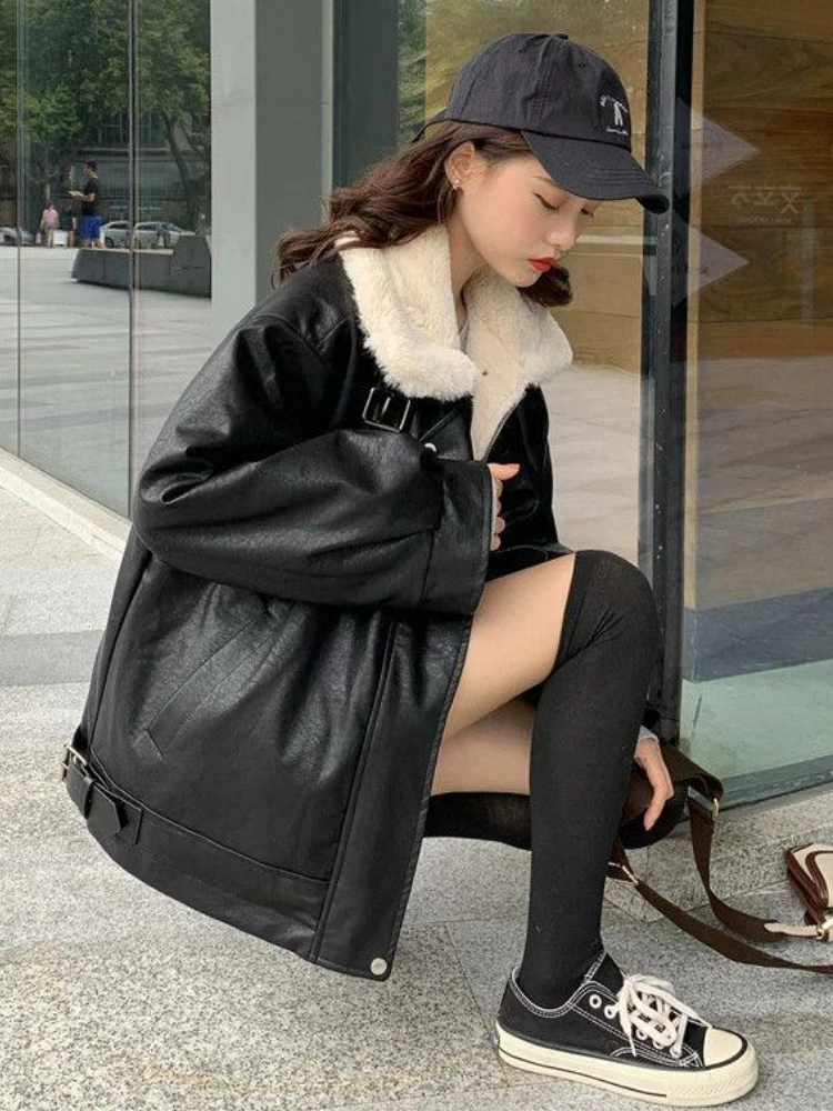 Black Winter Leather Jacket Women Korean Fashion Warm Loose Faux Fur Leather Coat Female Autumn Vintage Casual Chic Biker Jacket