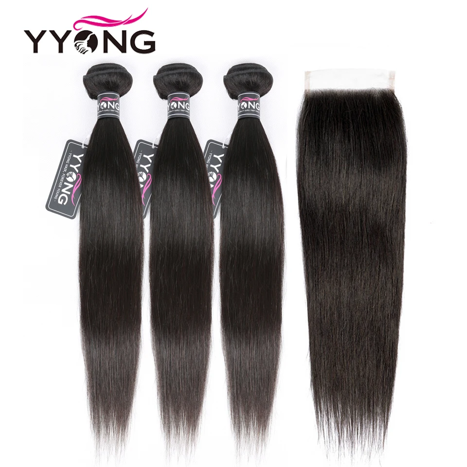 Yyong Straight Hair Bundles With Closure Brazilian Hair Weave 3/4 Bundles Remy Human Hair Bundles With Closure Hair Extension