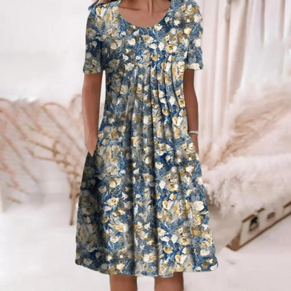 

Summer Elegant Casual Party Women's Dresses For Women 2022 Floral Print Pleats Summer Large Hem A-Line Midi Dress Streetwear