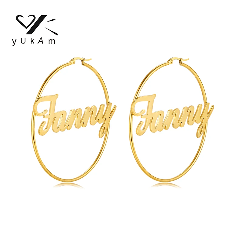 YUKAM Personalized Round Letter Earrings Women's Fashion 2022 Customized Stainless Steel Exclusive Gift Name Earrings Creative