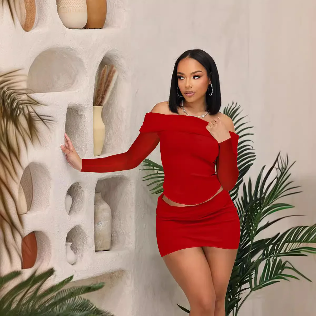 Женский костюм из двух предметов летний однотонный Guaze Топ с длинным рукавом и