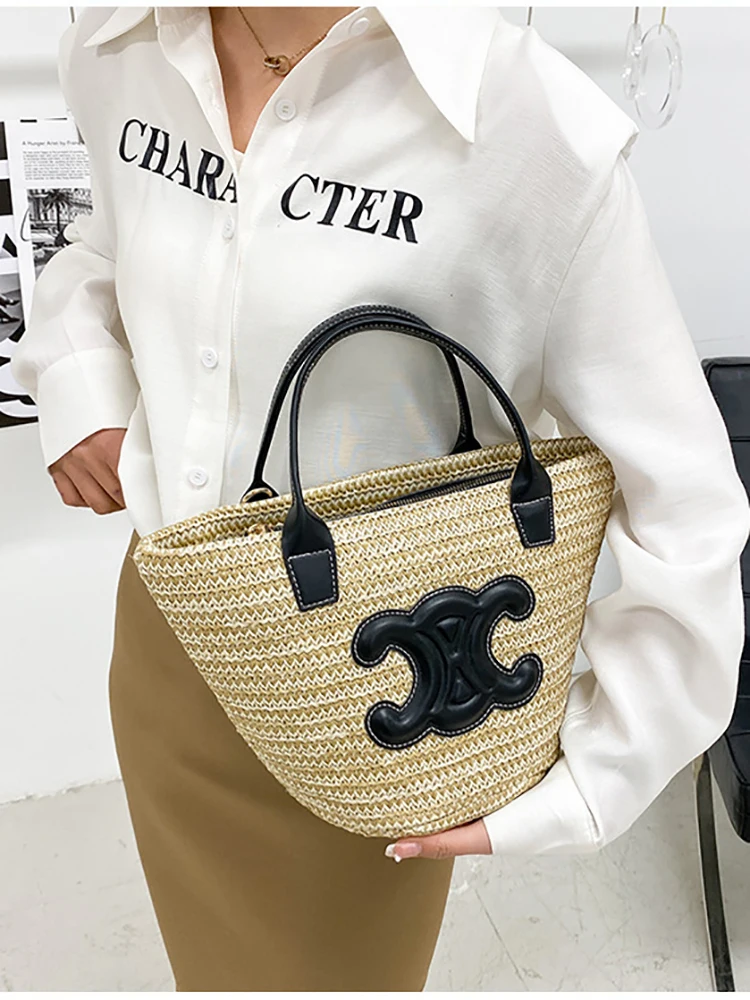 

Соломенная Сумка ручной работы, летняя плетеная корзина для овощей, сумка-мессенджер на плечо, роскошная модная сумка, вместительная пляжна...