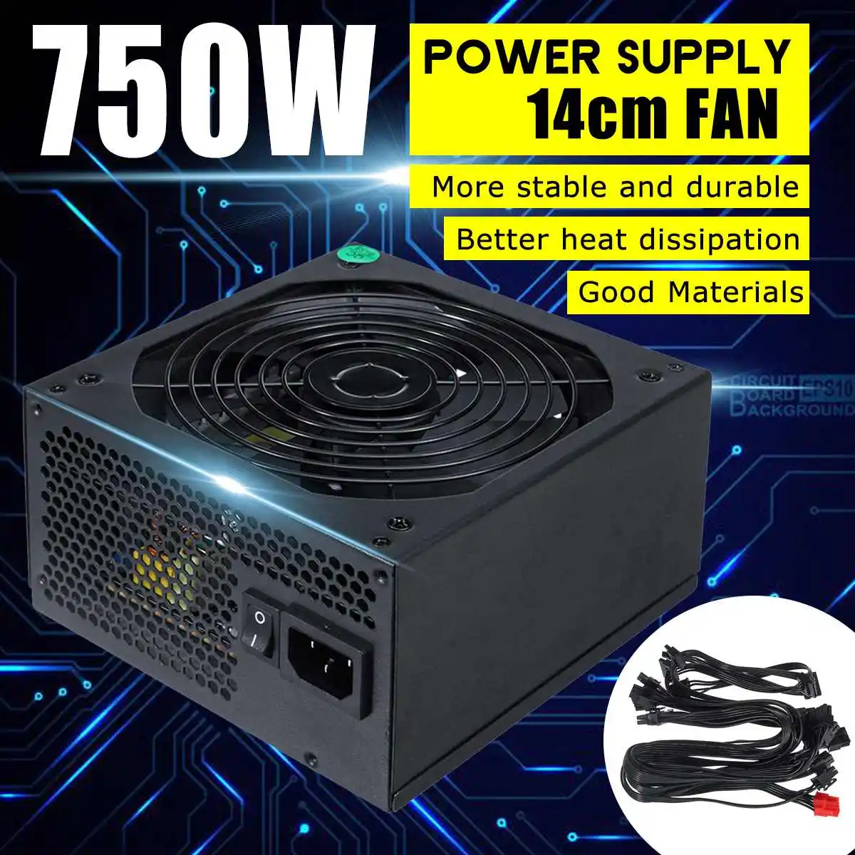 

750W PC Power Supply 110-230V For Computer Full module active PSU ATX 12V PFC 24Pin 4 SATA/ATX 14cm Quiet LED Fan For BTC