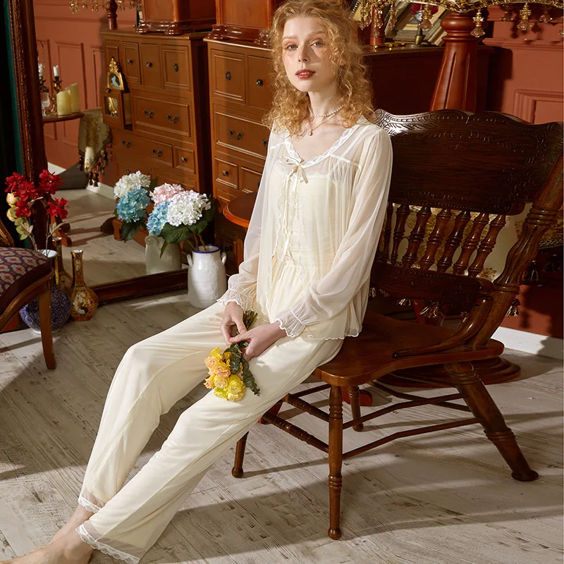 Women's Retro Elegant Lace Cardigan Sling with Chest Pad Gauze Modal Pajama Sets Three Piece Sleepwear Pajamas