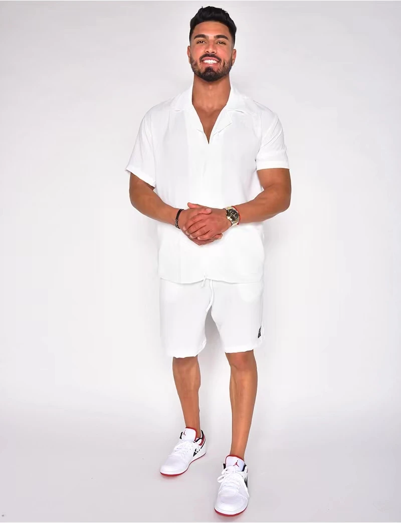 New Men's Hawaiian Set Summer Solid Color Turndown Short Sleeve Shirt&Beach Shorts Streetwear High Quality 2-Piece Set