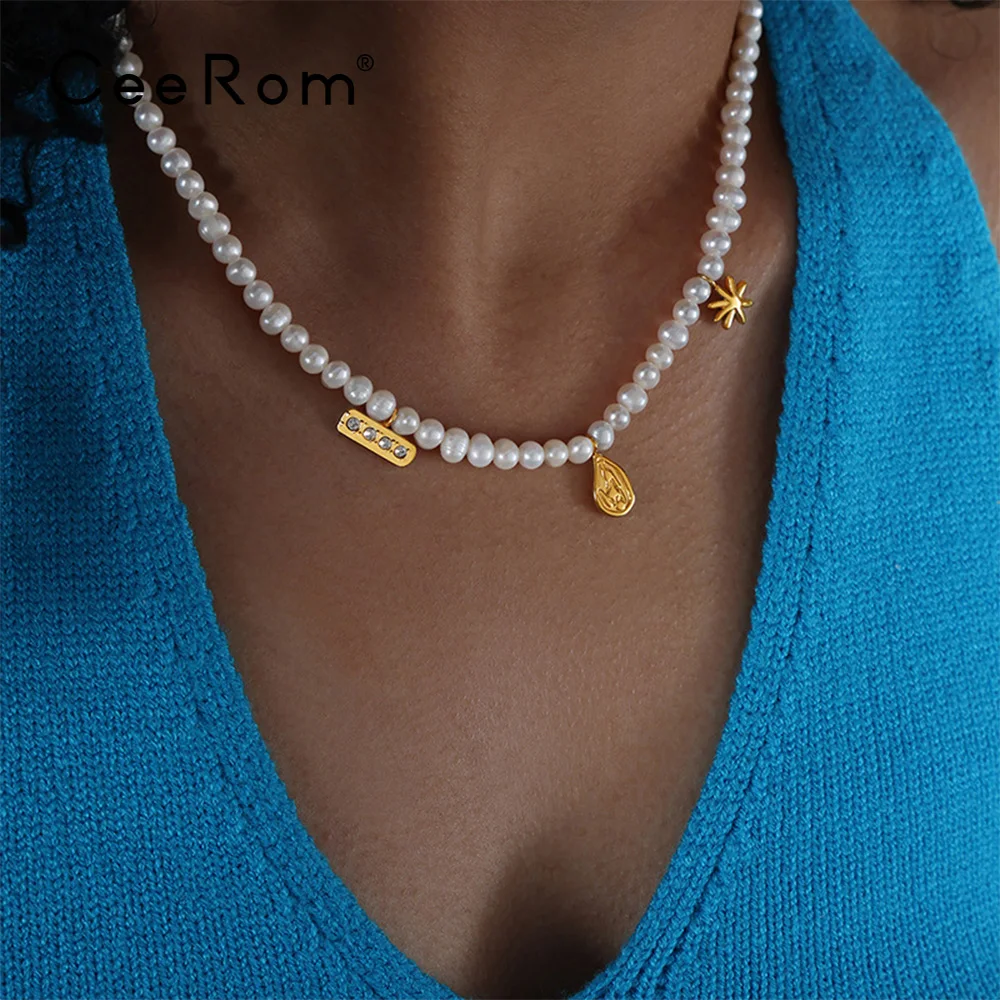 

CeeRom Natural Pearl Chain Choker Necklaces For Women Gold Color Stainless Steel Charm Pendant Necklace Fashion Jewelry