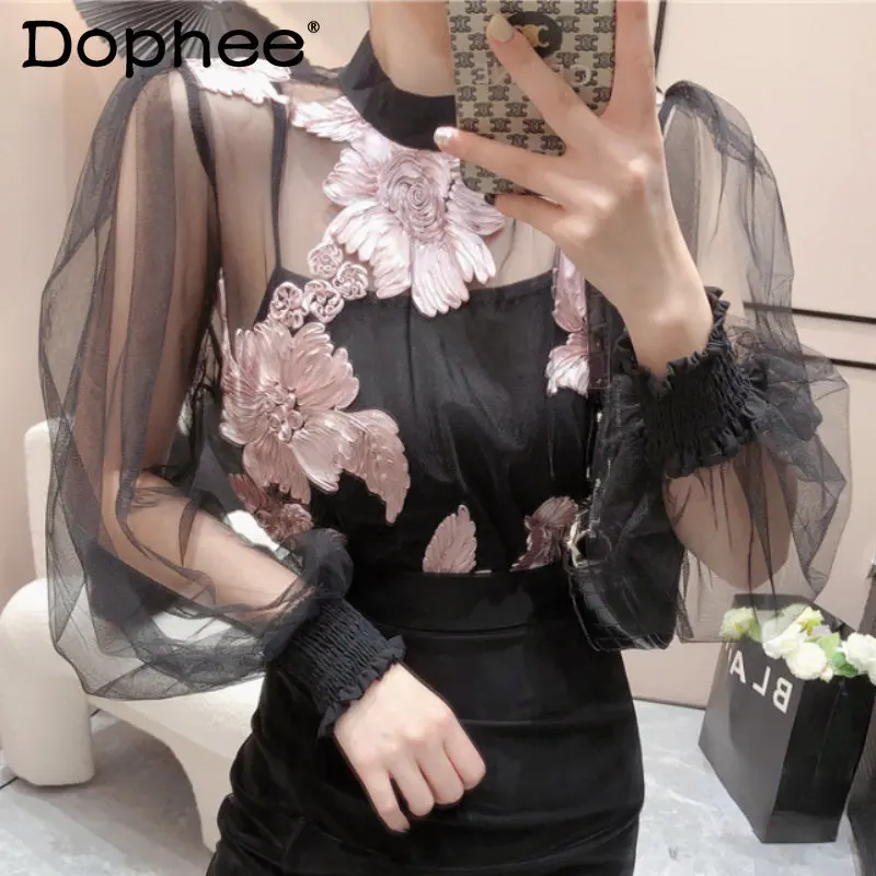 

Elegance Flower Lace Shirt for Women Retro Fashion Trendy Long Lantern Sleeve Embroidered Transparent Mesh Blouse Top Two-Piece