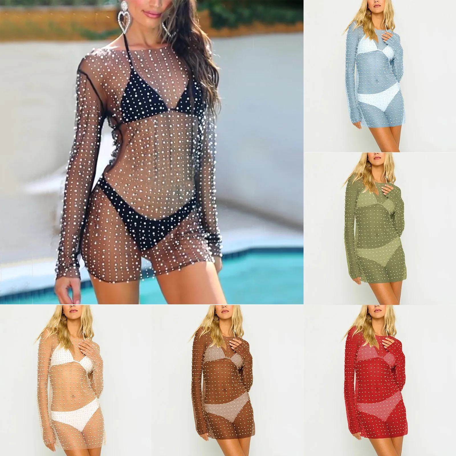 

Женское сексуальное прозрачное кружевное Сетчатое платье с бисером без рукавов купальник с накидкой