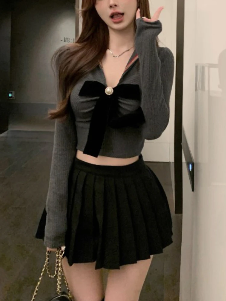 

Winter Sweet Two Piece Set Women Korean High Waist Sexy Chic Y2K Mini Skirt Suit Female Slim Knitted Tops+Pleated Skirt Set 2022