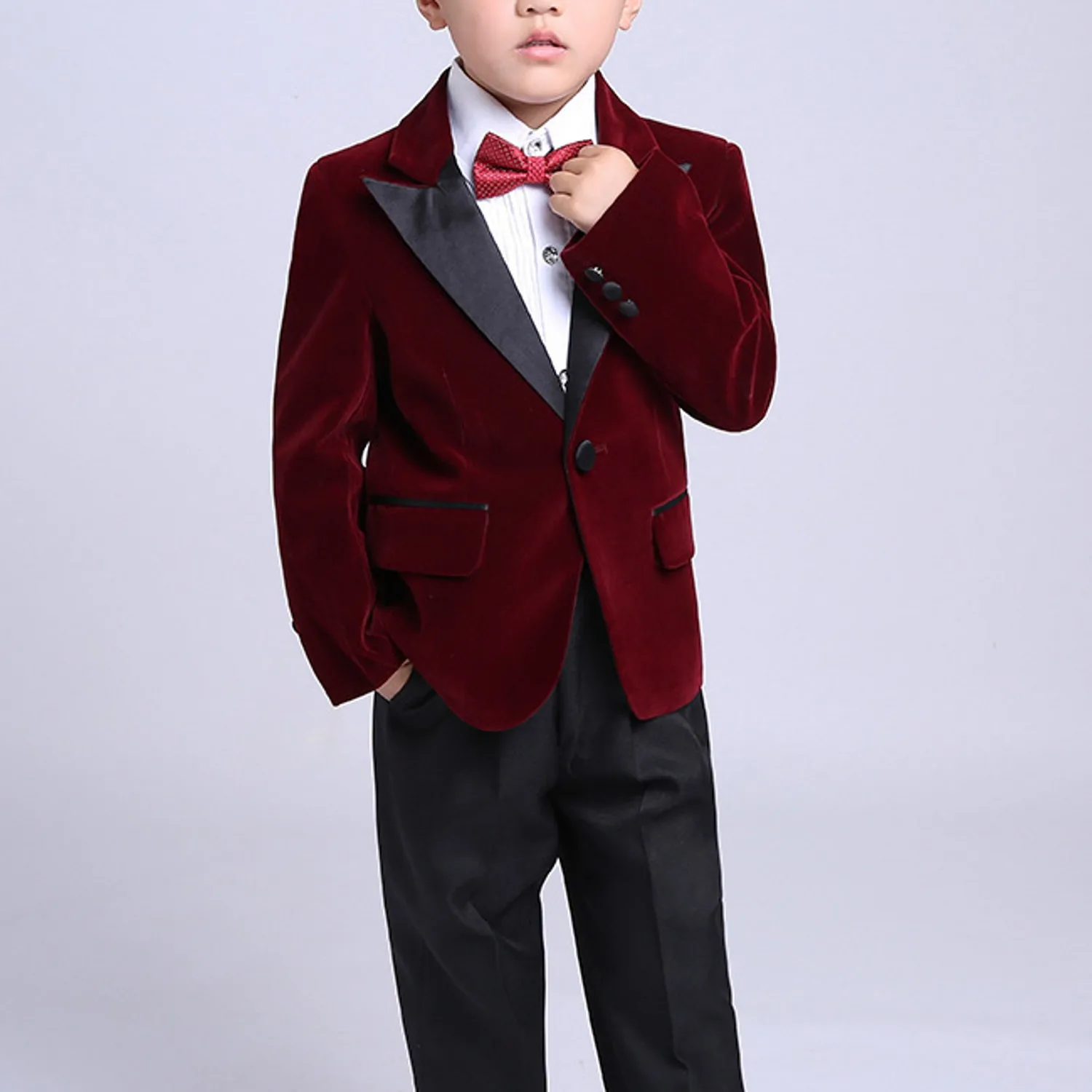 Green Velvet Boys Suits For Wedding Clothing Kids Birthday Party Formal Outfits Sets Ring Bearer Attire  (Jacket +Pants+Bow)