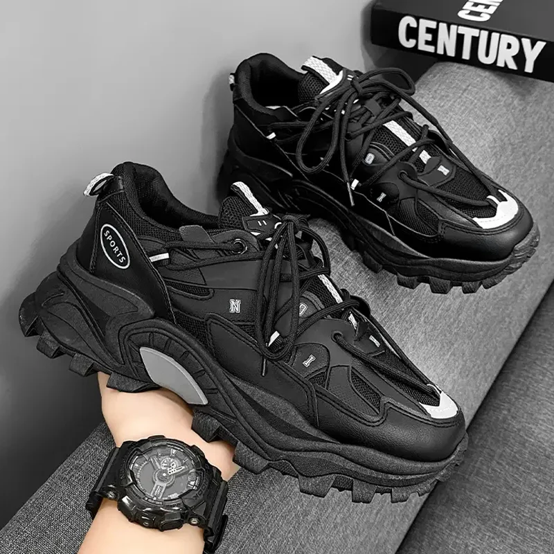 New Four Seasons Men's Shoes All-match Thick-soled Non-slip Casual Sports Shoes Fashion Trendy Comfortable Lace Up Daddy Shoes