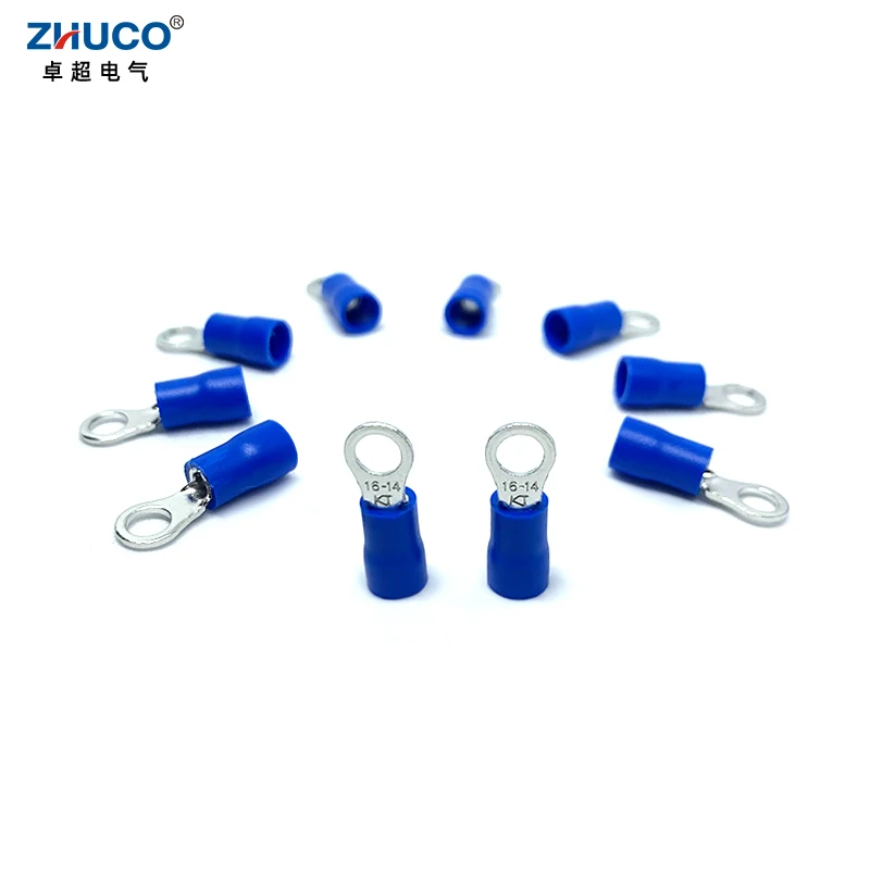 

100pcs RVS2-4 Ring Cable Wire Copper Connector Blue PVC Pre-Insulating Cord Pin End Splice Crimp Terminal 1.5-2.5mm2 AWG16-14