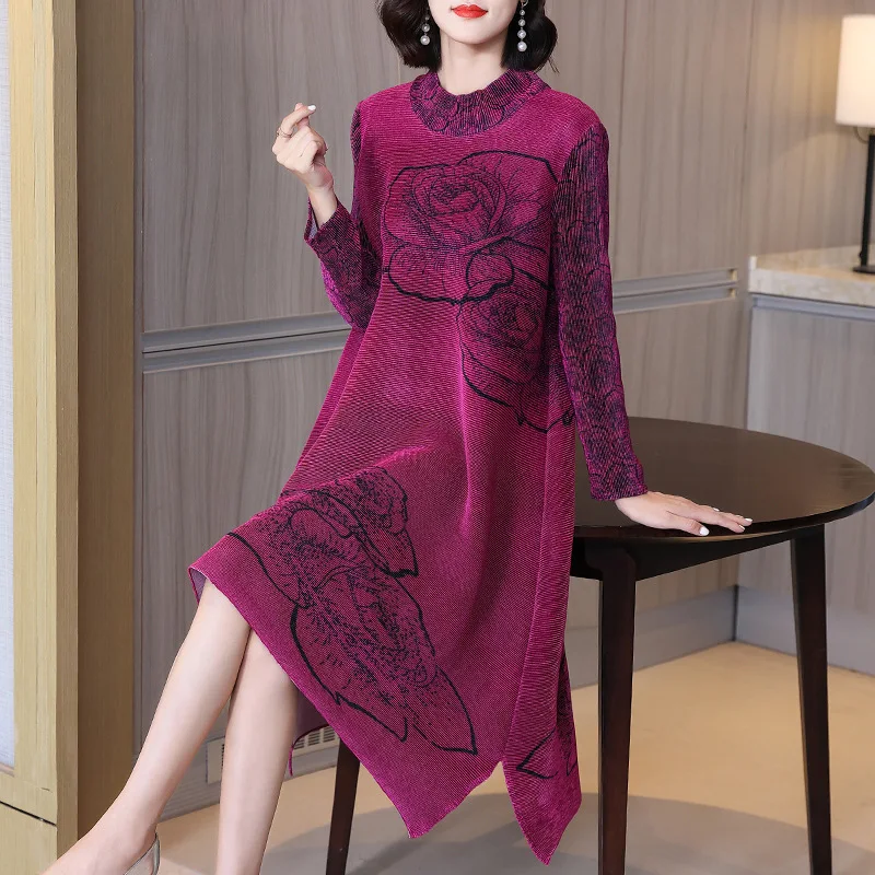 

Long Sleeve Dress For Women 45-75kg Autumn 2022 New Fashion Printed Loose A-Line Vintage Miyake Pleated Clothes