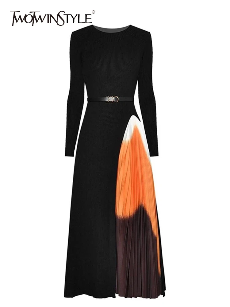 

TWOTWINSTYLE Patchwork Colorblock Dress For Women Round Neck Long Sleeve High Waist Ruched Midi Dresses Female Autumn Clothing