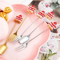 stainless steel coffee spoons cute cake shaped fruit dessert spoon fork candy tea spoon drink kitchen supplies tableware