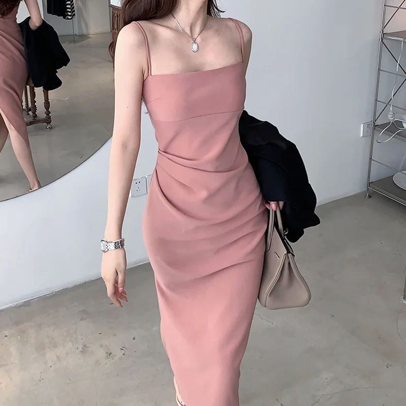 

Elegant Slim Girl's Sexy Pink Long Dresses Korean Feather Pink Suspender Dress Length Waist Long Skirt Senior Sexy Short Skirt