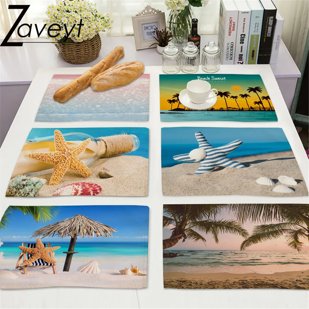 

1pcs Hawaii Holiday Blue Sea Summer Beach Style Linen Dining Mat Conch Starfish Shell Sunrise Sunset Sunshine Print Placemat