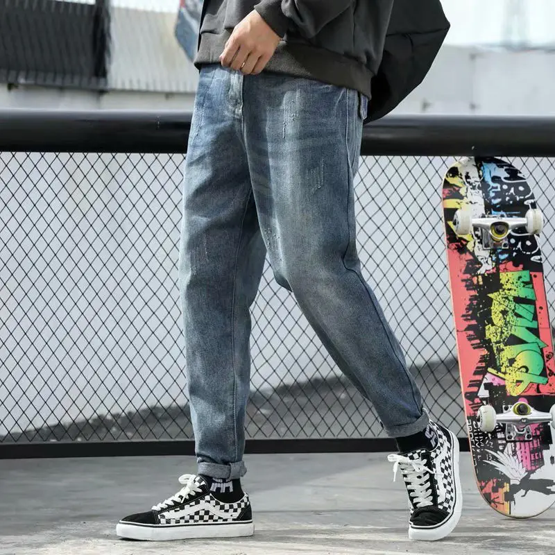 Retro Jeans Men's Loose Tide Brand Ins Straight Tooling Pants Trend All-match Harem Trousers Patchwork Jeans