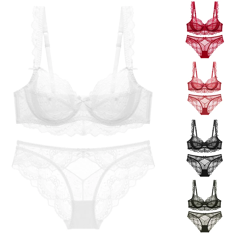 

2Pcs Set Hollow out Underwear Suit Ultra-Thin Bra Sets Lace Lingerie Transparent Sexy Bow Push Up ABCDE Cup