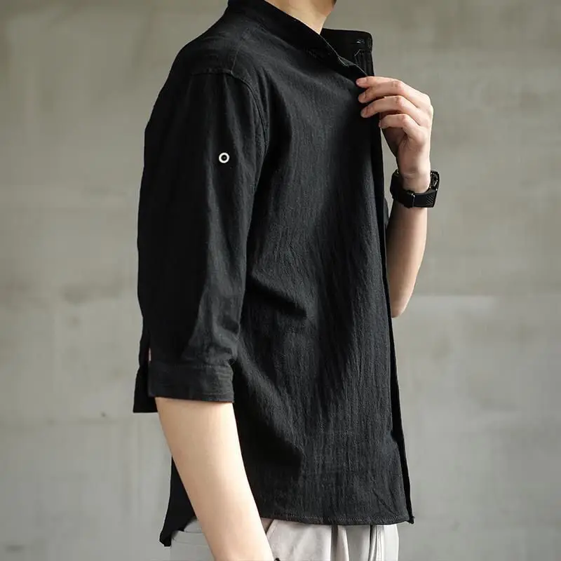 Summer Brand High Quality linen shirt Men loose large Size Cotton and linen three-quarter sleeve Casual shirt Breathable shirt
