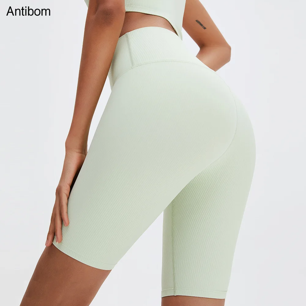 Antibom Sports Fitness Pants Women Nude Threaded Knee-Length High Waist Elastic Yoga Shorts Solid Color Joggings Training Tights