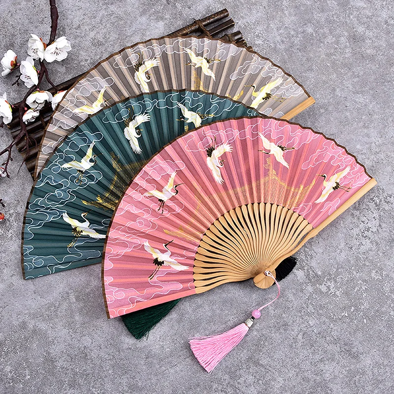 

1pc Vintage Chinese Large Foldable Handheld Silk Folding Fan Decor Hand Fans Decorative High Quality Women Dance Fan