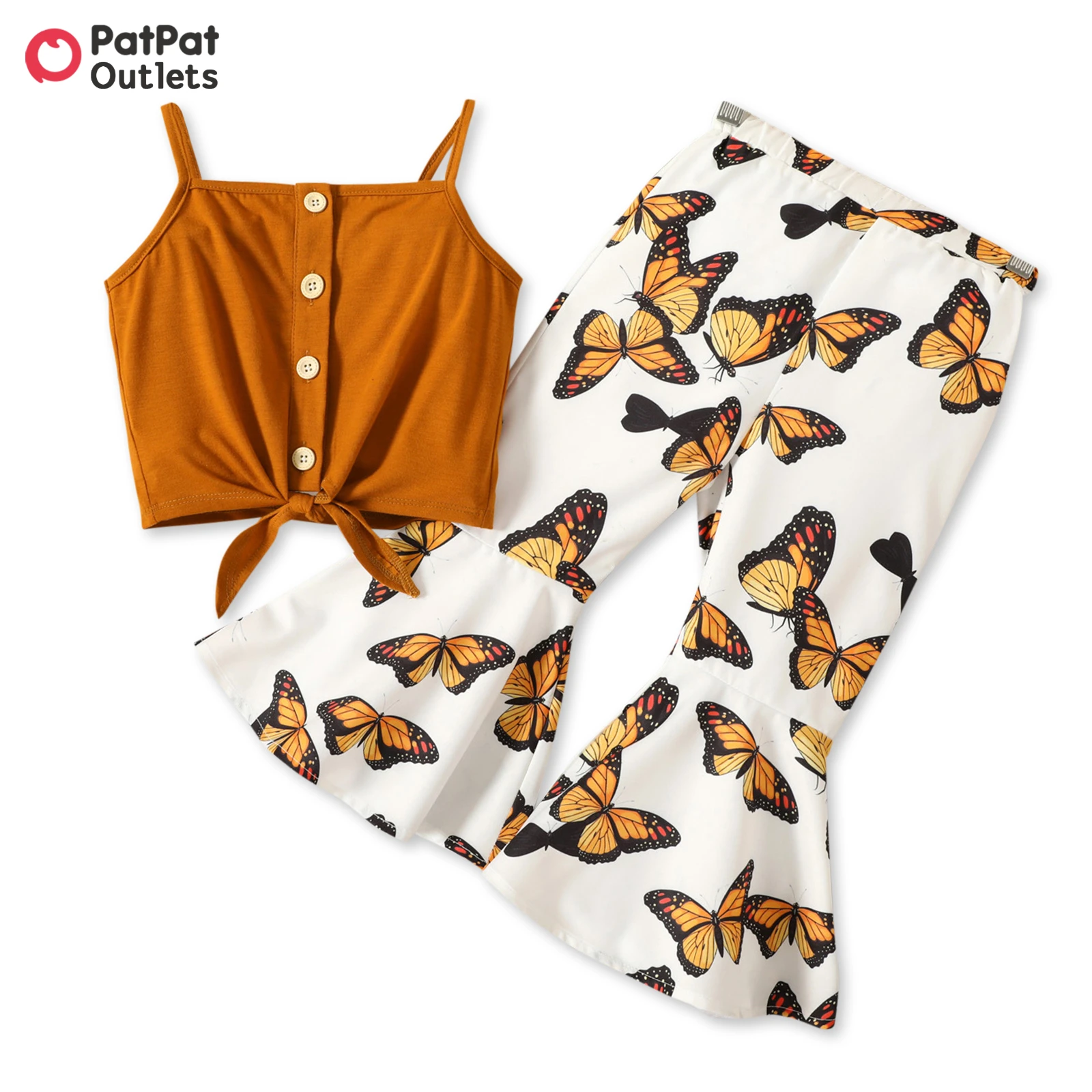 

PatPat Summer Children Kid Girl's Clothes 2-piece Toddler Button Design Tie Knot Camisole Tank Butterfly Print Flared Pants Set