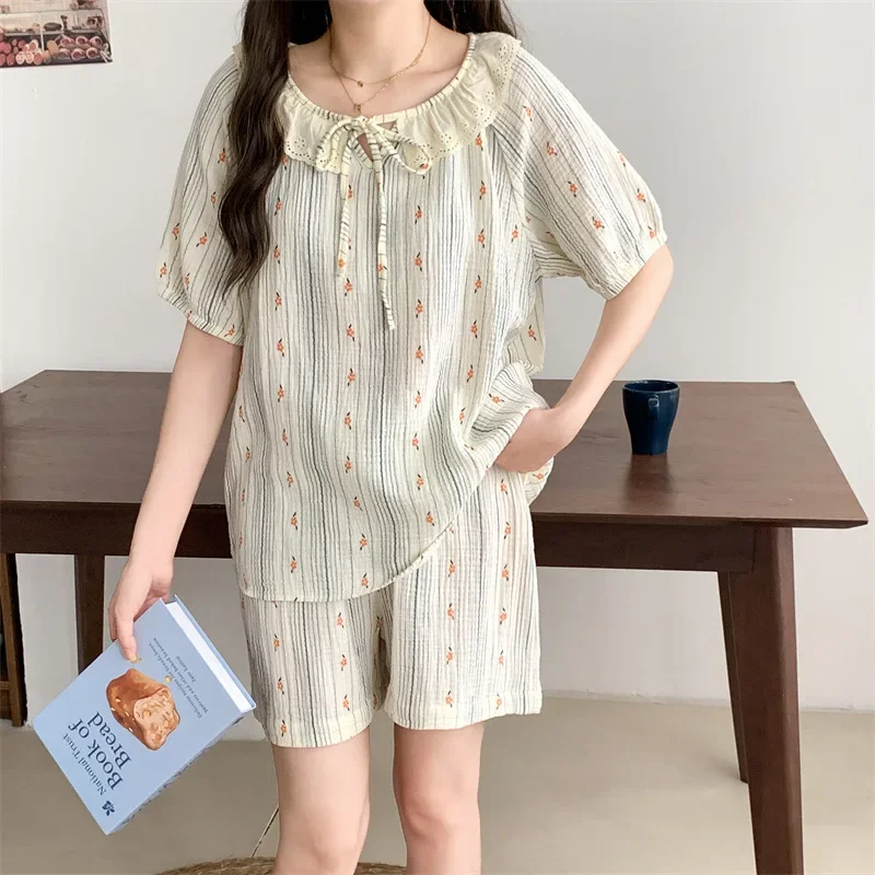 Пижамный комплект женский из хлопка и шелка тонкая Домашняя одежда с короткими