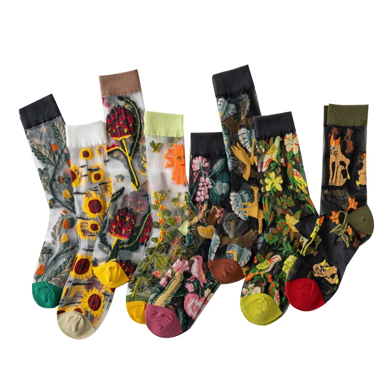 3 Pairs New Women Transparent Cute Cat Socks Set Korean Floral Animal Ladies Summer Thin Kawaii Silk Socks Set For Women