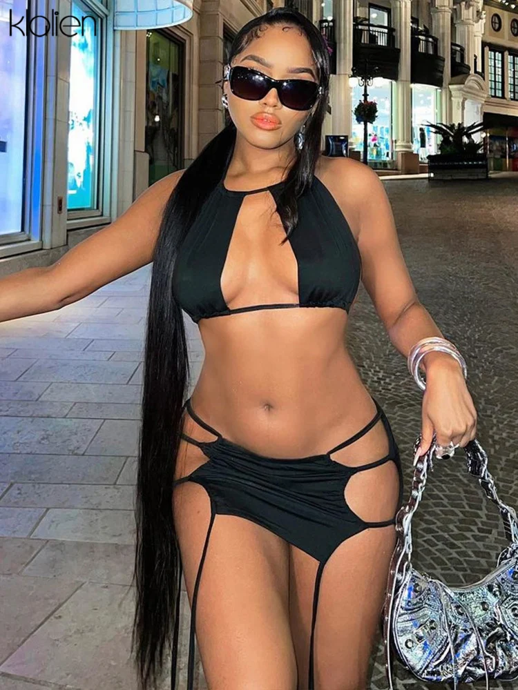 

KLALIEN Fashion Sexy Hollow Out Bandage Crop Top and Mini Skirt Two Piece Skirt Set Women Y2K Streetwear Slim Stretch Black Sets