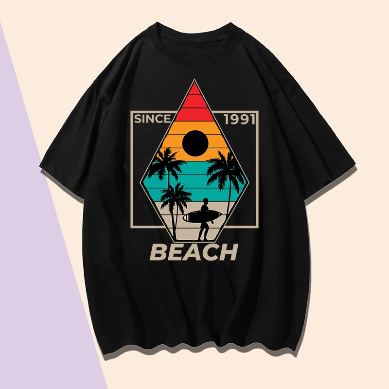 

Printing T Shirt Surfing Juvenile Landscape Short Sleeve Round Neck Loose T Shirt L XL XXL XXXL Black Cotton Casual Clothing
