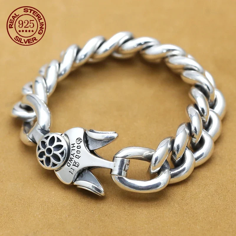 

S925 Sterling Silver Fashion Art Cherry Blossom Men's Bracelet Retro Domineering Hipster Good Simple Chain Punk Luxury Gift