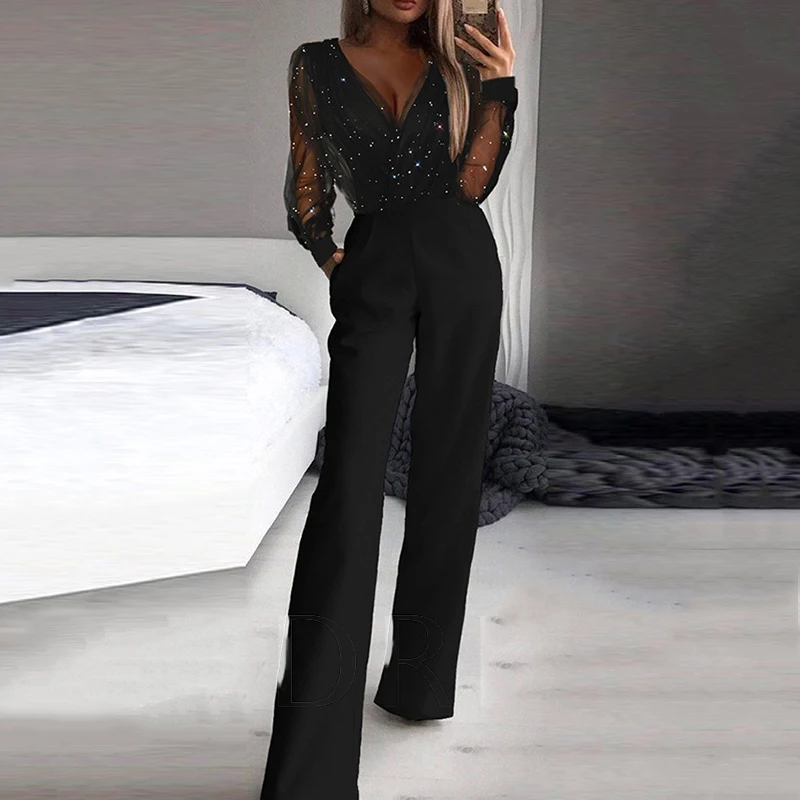 

2022 Sexy Club Jumpsuits For Women Sexy Lace Hollow Out Patchwork V-Neck Long Sleeve Slim Legs Jumpsuit Autumn Femme Bodysuit