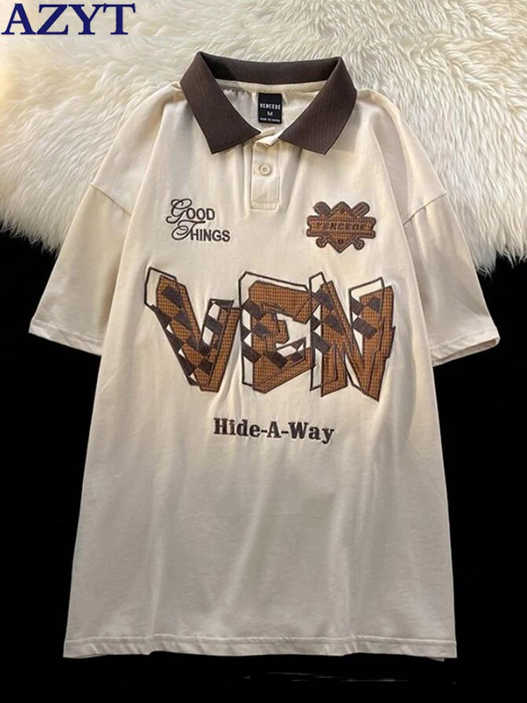 

Женская Винтажная футболка с отложным воротником AZYT, модные футболки С Вышивкой Букв и коротким рукавом, женская летняя свободная футболка ...