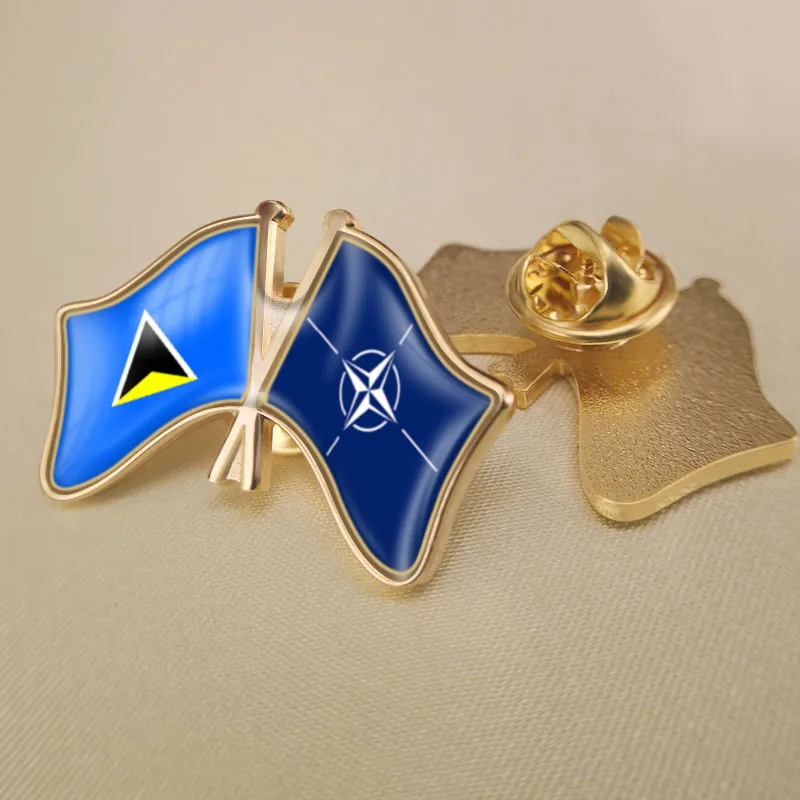 

Saint Lucia and NATO North Atlantic Treaty Organization Crossed Double Friendship Flags Lapel Pins Brooch Badges