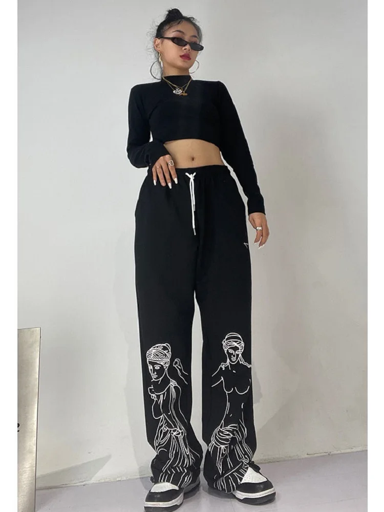 

Женские спортивные брюки в стиле хип-хоп, черные спортивные брюки с графическим принтом, свободная Готическая уличная одежда, Свитера для б...