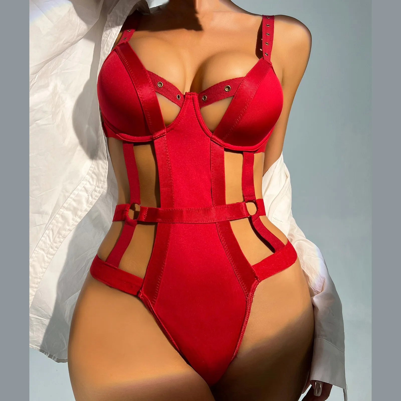 

Push Up Bodysuits Lingerie Women Red Lace Hollow Out Underwire Open Crotch Bra Teddies Underwear Sexy Erotic Costume Intimates
