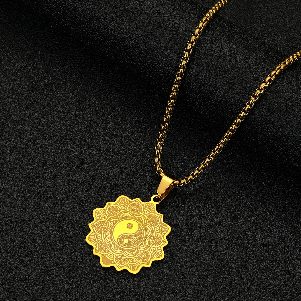 

CHENGXUN Stainless Steel Life Of Flower Mandala with Yin Yang Necklace Yin Yang Taoism Jewelry Friendship Necklace for Men Women