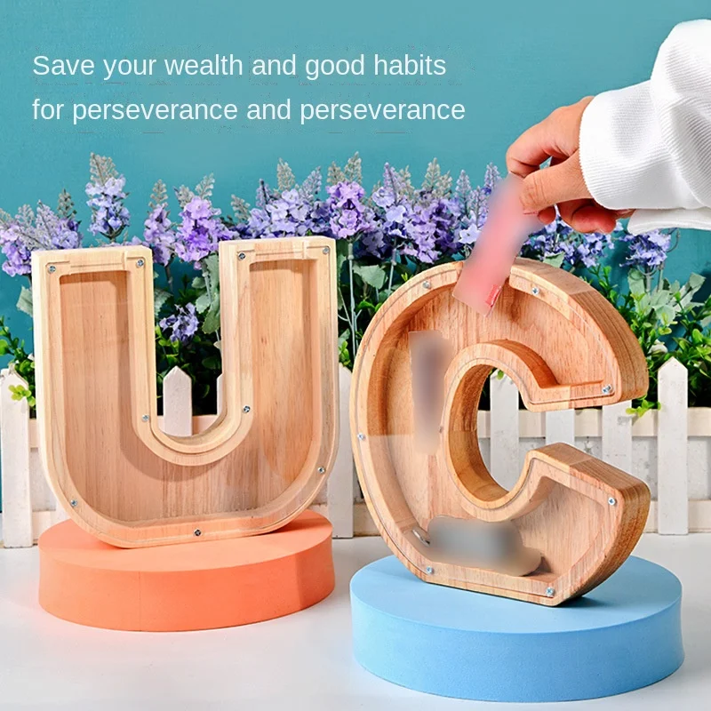 

Creative Wooden English Letter Piggy Bank Transparent Glass Piggy Bank Coin Bank Money Box Piggy Bank Piggy Bank For Kids