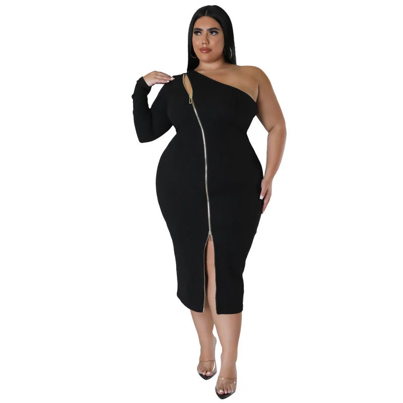 Plus Size Women Dress Sexy Zipper Side Split One Shoulder Long Sleeves Fashion Bodycon Dress Mid Calf 3xl 4xl 5xl 6xl