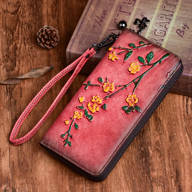 Personalized Long Purse New Styles Vegetable Tanned Leather Long Ladies Purse Retro Embossed Clutch Wallet Long