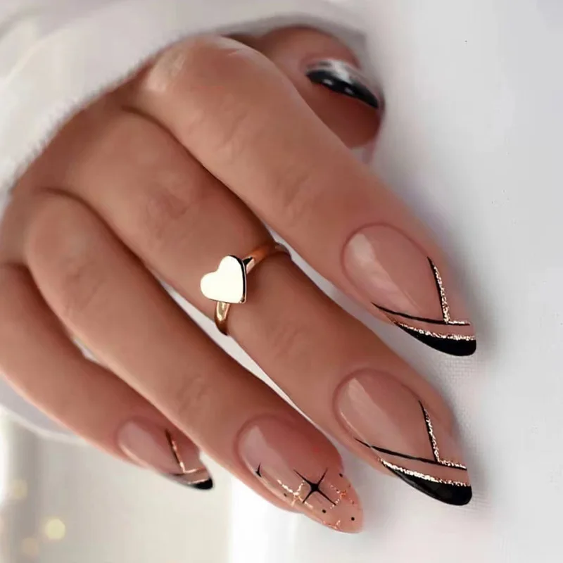 

24Pcs Black Lines Almond False Nails French Wearable Fake Nails Simple Shining Star Full Cover Press on Nail Tips Artificial Art