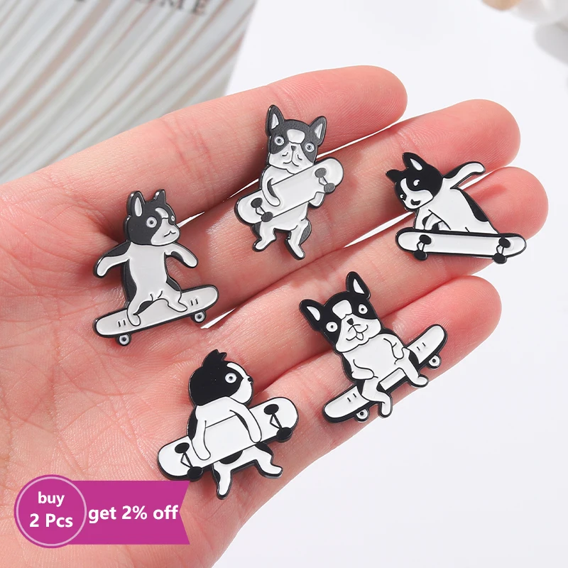 Skateboard Motion Enamel Pins Custom Black and White Spotted Dog Brooch Lapel Badge Bag Cartoon Pin Jewelry Gift for Kid Friend |