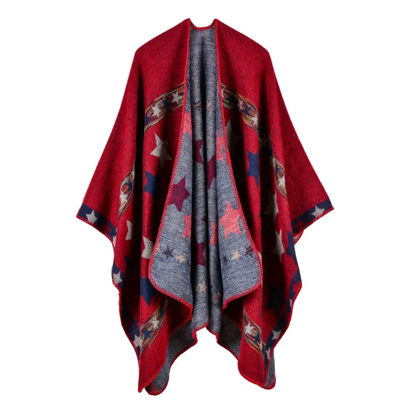 New European American Women's Star Color Bar Imitation Cashmere Shawl Extra Long Thickened Foreign Trade Cape Ponchos Red
