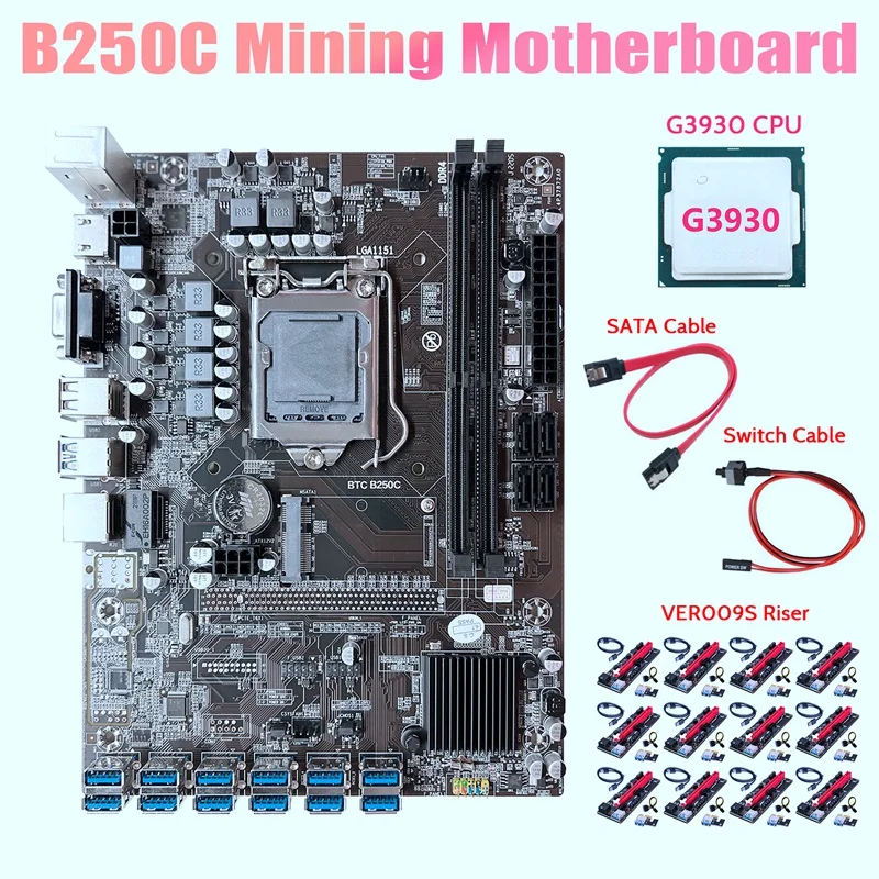 

B250C ETH Miner Motherboard+G3930 CPU+12XVER009S Riser+SATA Cable+Switch Cable12 USB3.0 GPU Slot LGA1151 For BTC