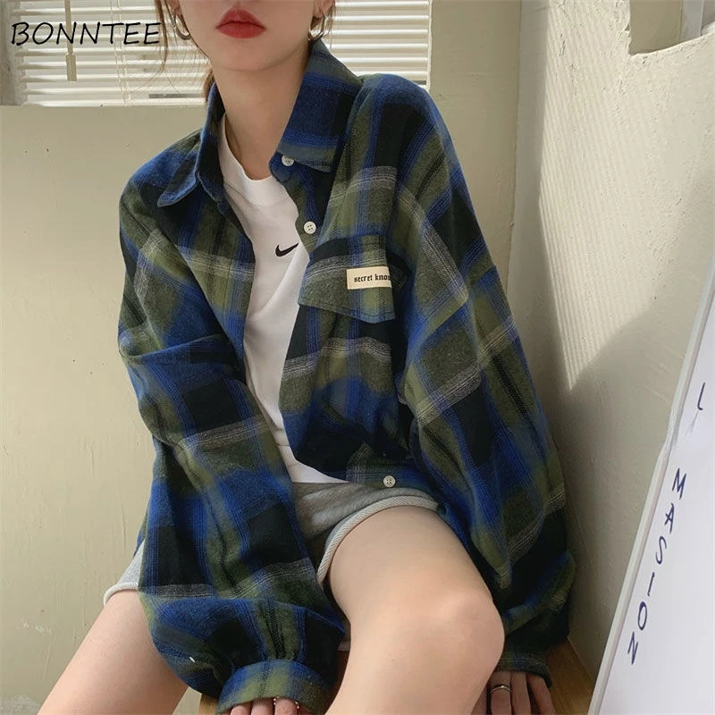 

Shirts Women Plaid Pockets Design Casual Streetwear Cool Cozy Soft BF Chic Korean Style Ulzzang College Young Basic New Hot Sale
