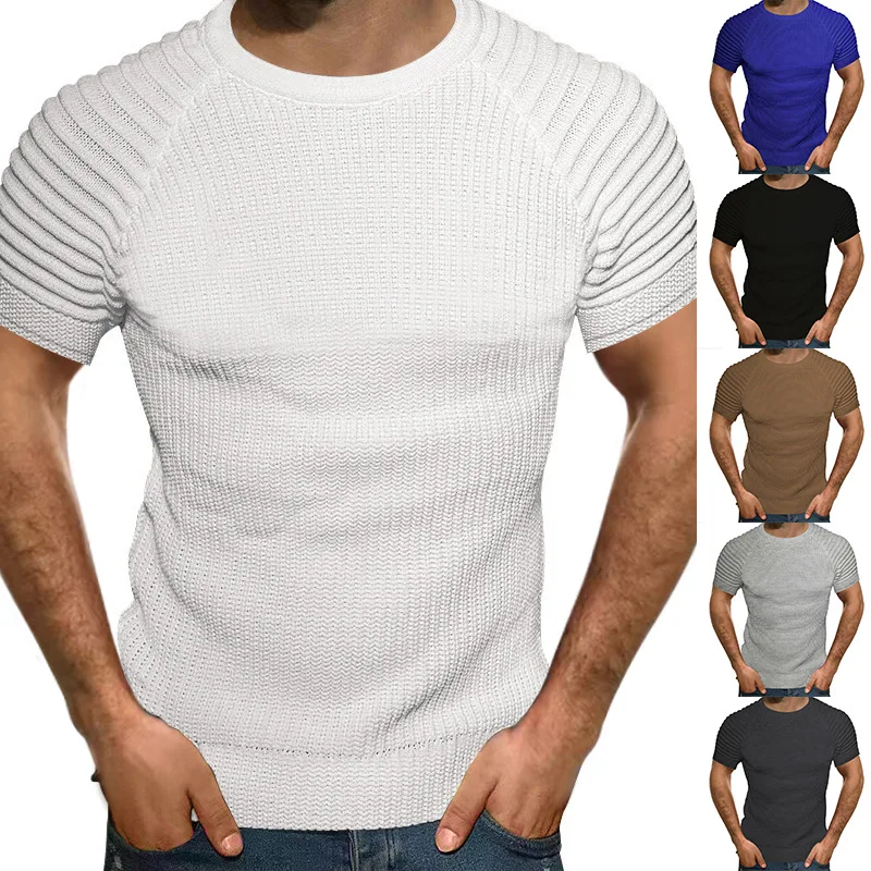 

2023summer Round Neck Slim Fit Pleated Casual Waffle Short Sleevett-shirt Men's Raglan Sleeve Bottoming Shirt