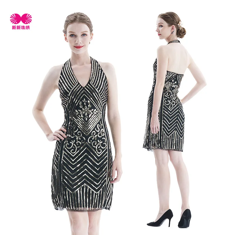 

Glitter Sequined Sexy Women Party Dress Sleeveless V Neck Backless Double Layer Club Wear Female Shiny Solid