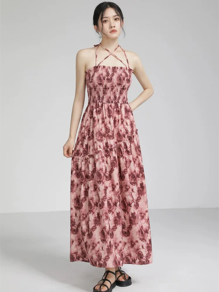 

Summer Cotton New Feminine Suspender Long Dress Slim Vintage Romantic Rose Print Breathable Elastic Waist Temperament Vestidos