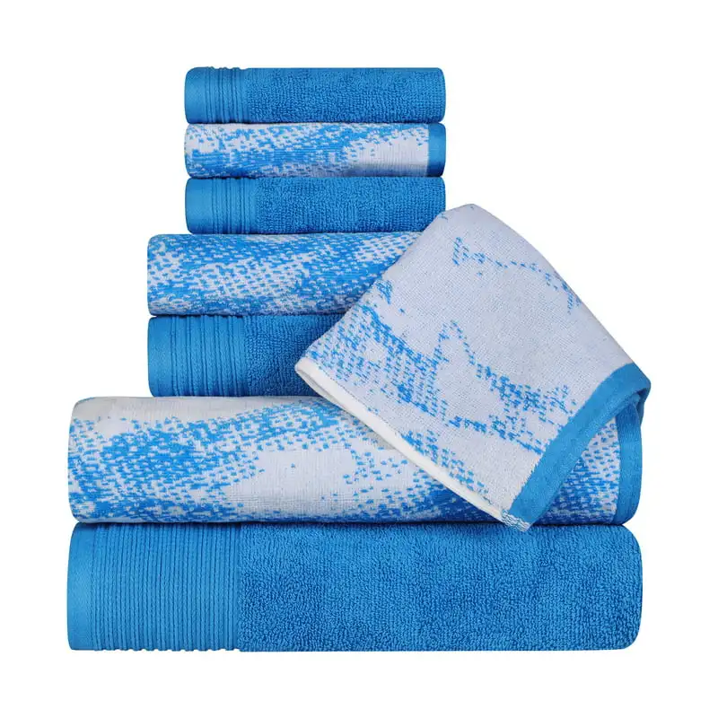 

100% Cotton Highly Absorbent 8-Piece Solid and Marble Effect Towel Set, Blue by